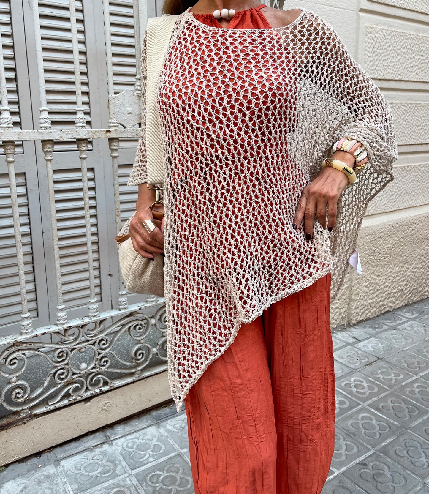 Poncho Crochet Beige
